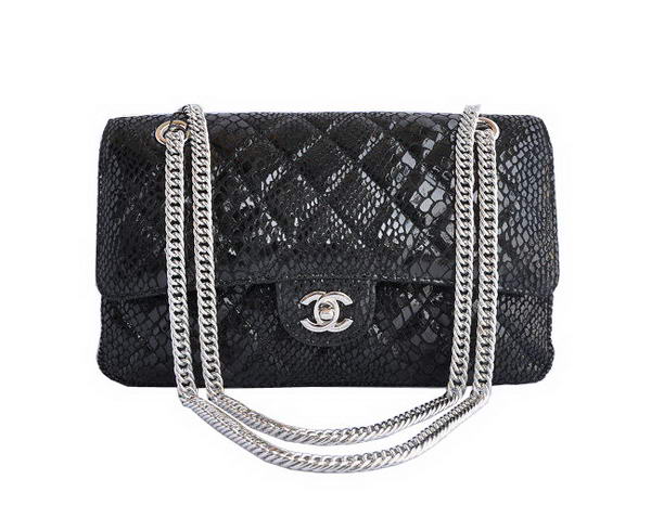 7A Fake Chanel 2.55 Series Black Snakeskin Leather Flap Bag Silver Hardware